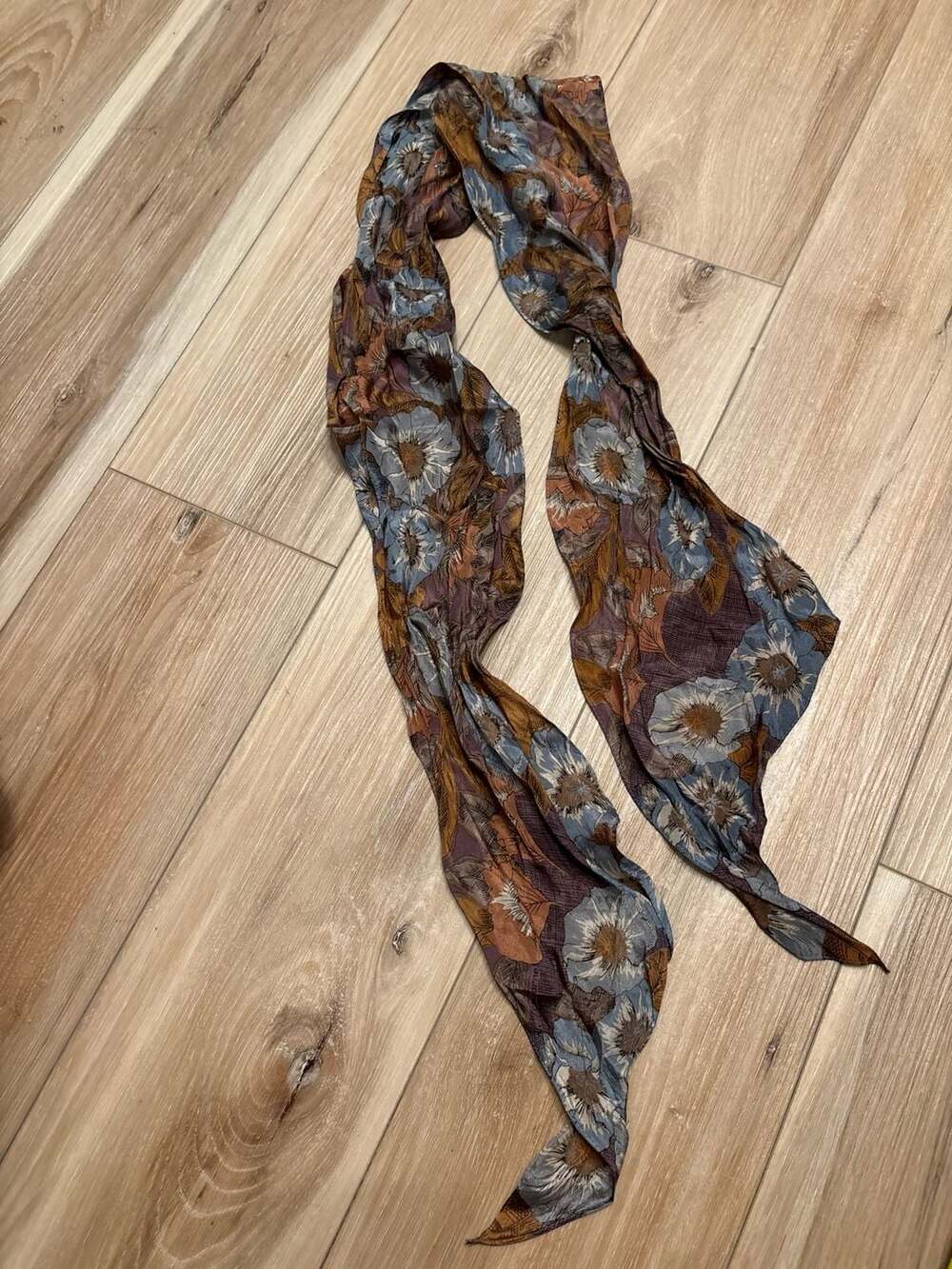 Floral Print Scarf Blue Brown Long Wrap Shawl